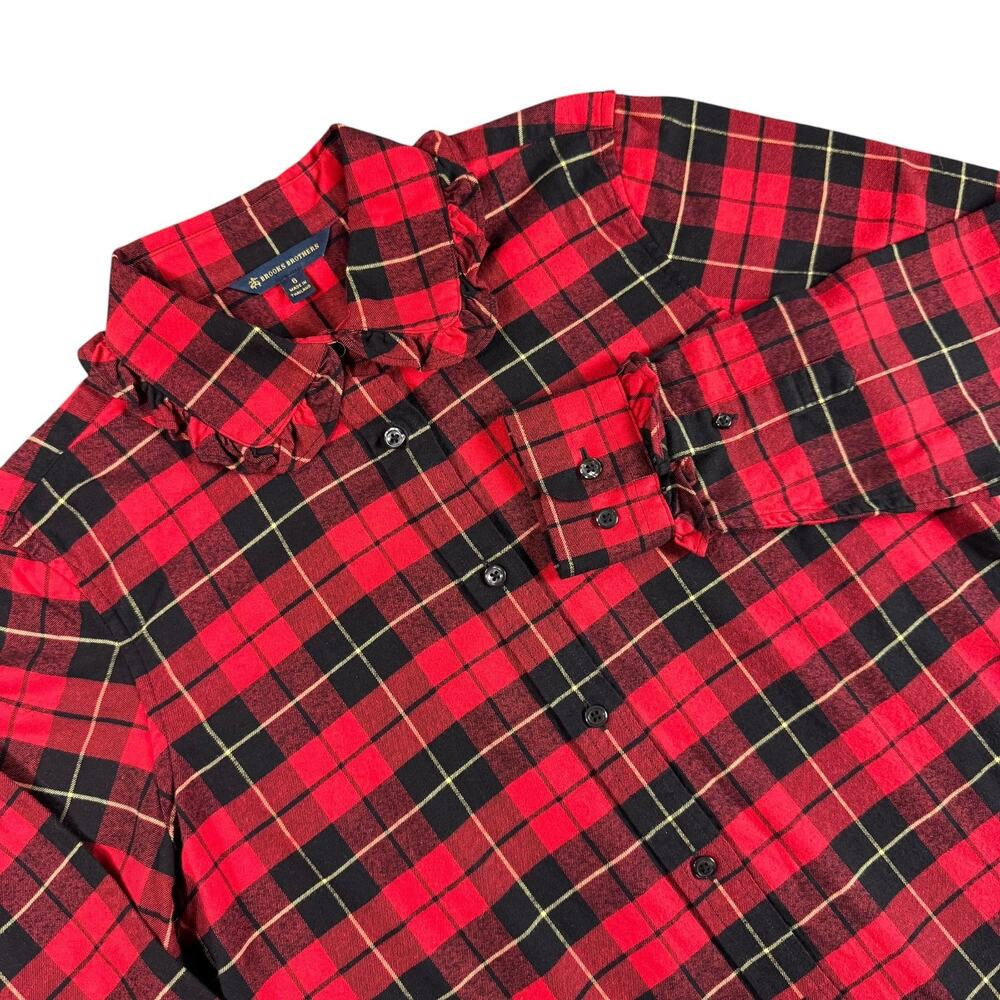 Brooks Brothers Womens 6 Red Plaid Flannel Shirt Ruffle Collar Cuffs Tartan